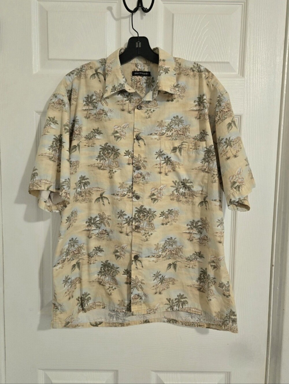 Pierre Cardin Tropical Hawaiian Shirt Mens Large Beige Palm Print 100% Cotton